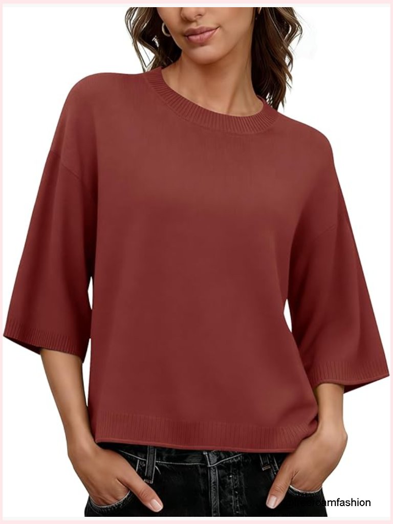 3/4 Sleeve Crewneck Lightweight Knit Pullover Sweater Loose Fit